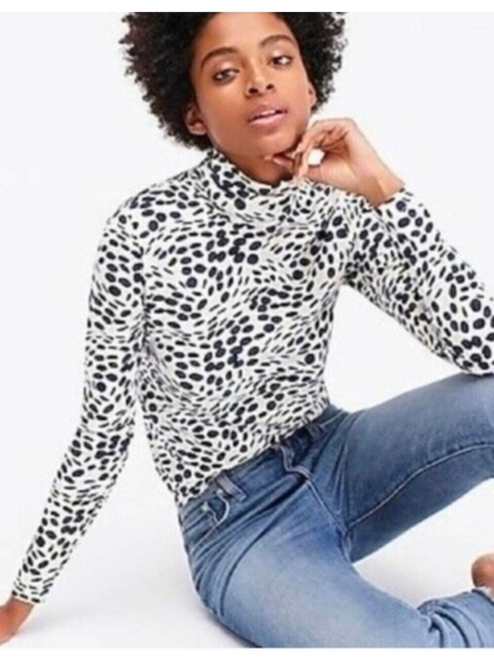 J Crew Cotton Tissue Turtleneck Navy On Ivory Elliptical Polka Dots